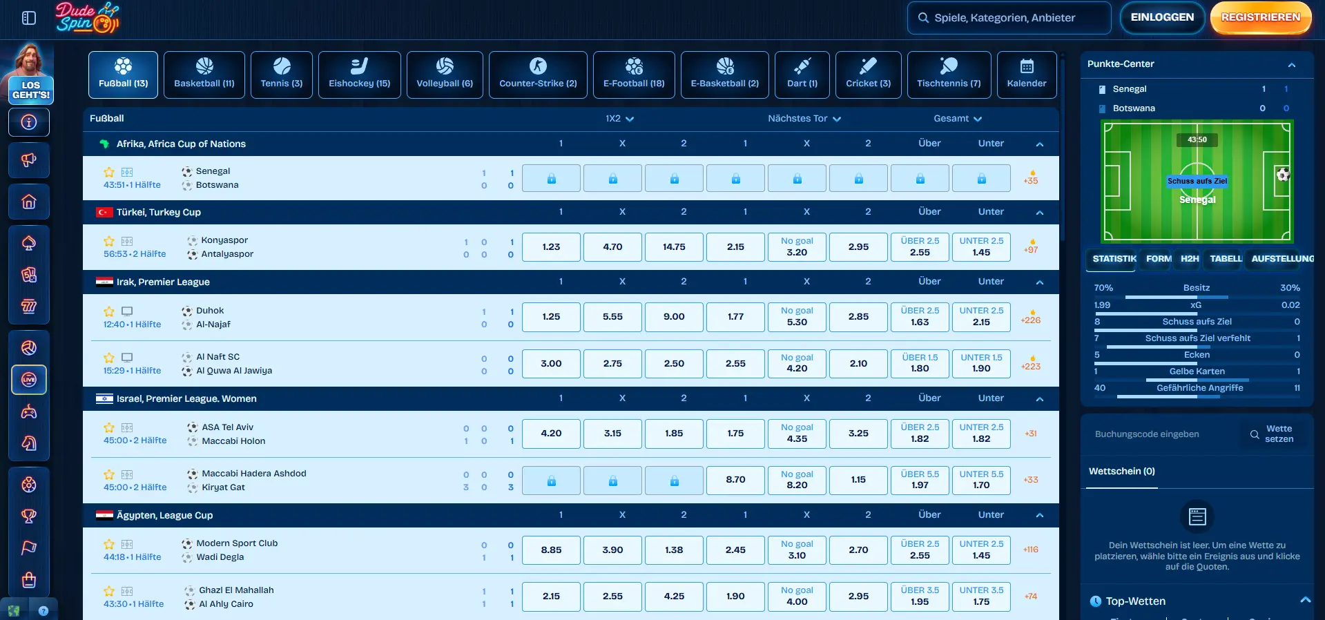 DudeSpins Casino Live Wetten